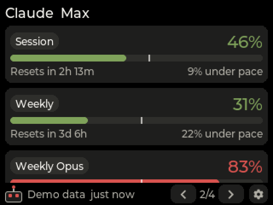 ClankerTV Claude page: session, weekly and weekly Opus meters with reset countdowns and pace
