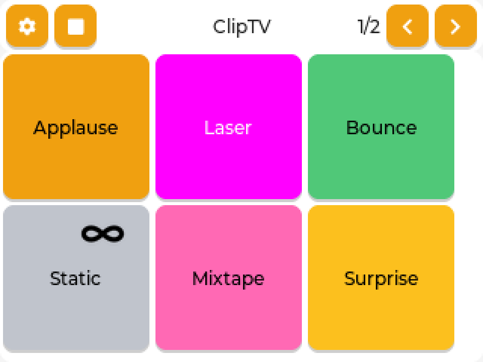 ClipTV soundboard screen: six colour-coded buttons named Applause, Laser, Bounce, Static, Mixtape and Surprise