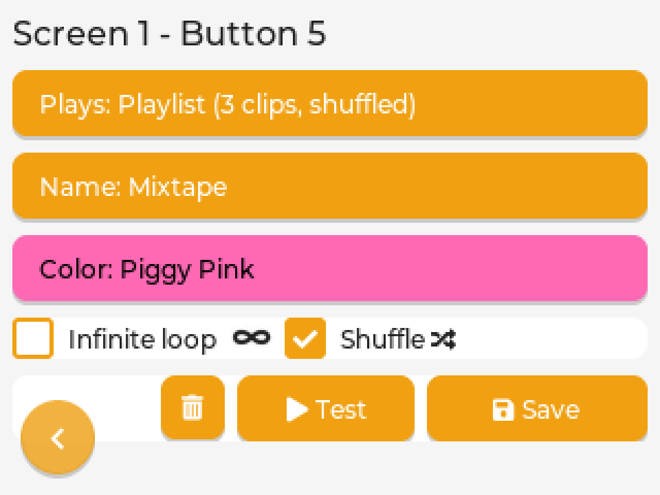 ClipTV button editor: name, colour, what to play, infinite loop