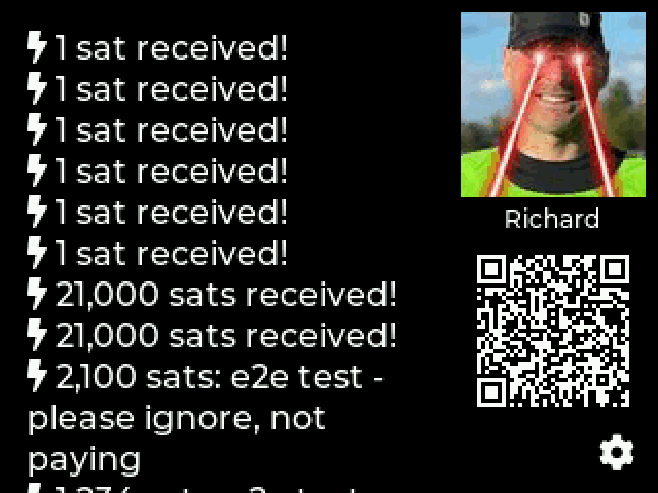 ZapTV main screen: a feed of received zaps with amounts and comments, a Nostr profile picture, and a receive QR code